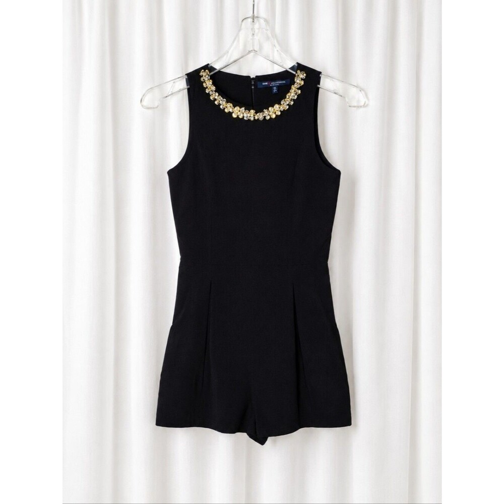 One Clothing Gold Crystal Jeweled Neckline Feminine Dressy Black Party Romper